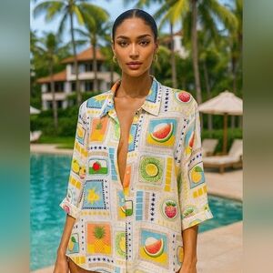 NWT Rose + Olive Fruit Blouse Size 3X Tropical Pineapple Watermelon Guava Mango